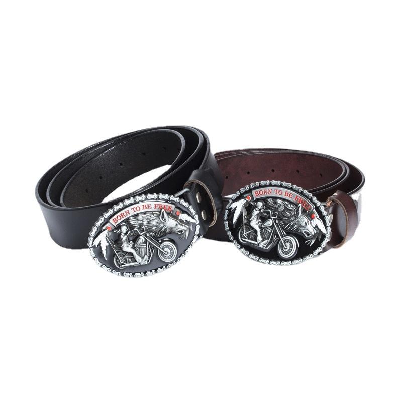 Ремень с пряжкой из сплава Big Wolf Head, двухслойный ремень из коровьей кожи, повседневный ремень из денима с гладкой пряжкой