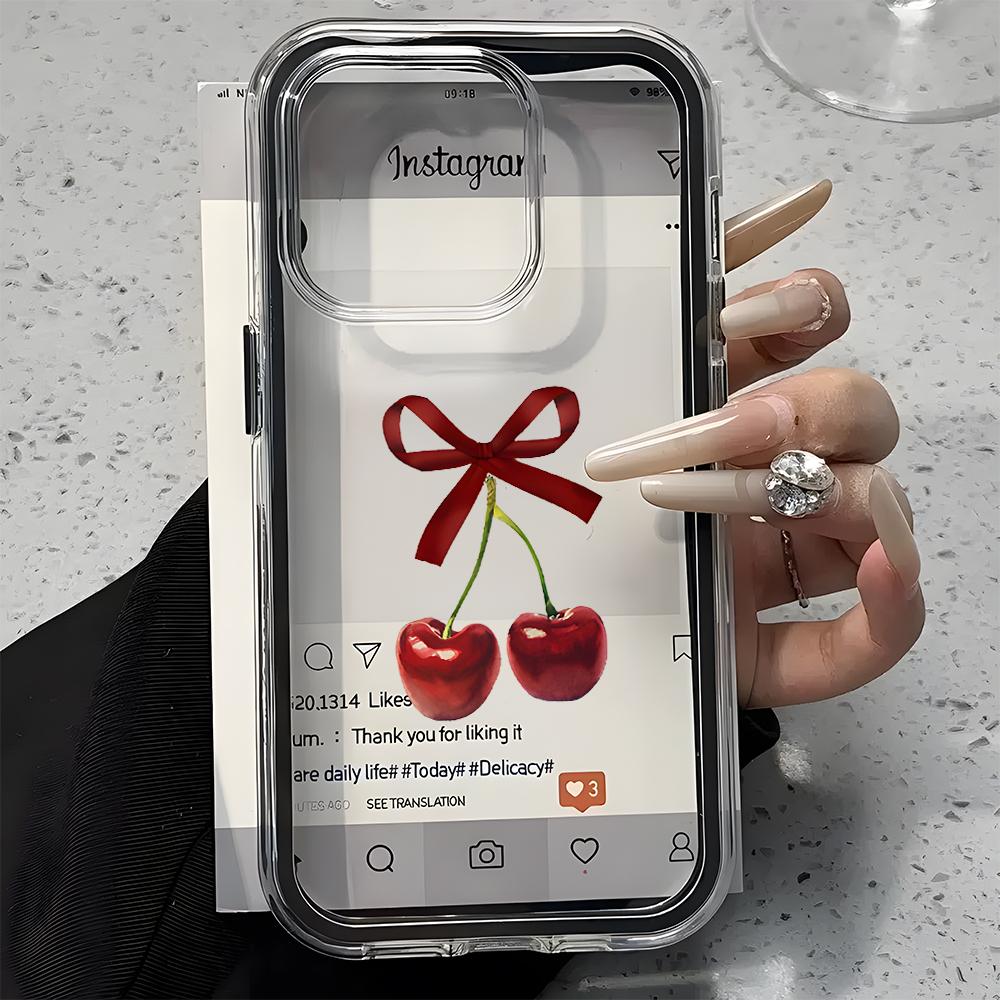 Чехол для телефона с рисунком Красная Вишня и Бант Для iPhone 17 16 15 14 13 12 11 Pro Max Plus Air 2 в 1 Конфетный Цвет Прозрачный Силиконовый Мягкий Чехол