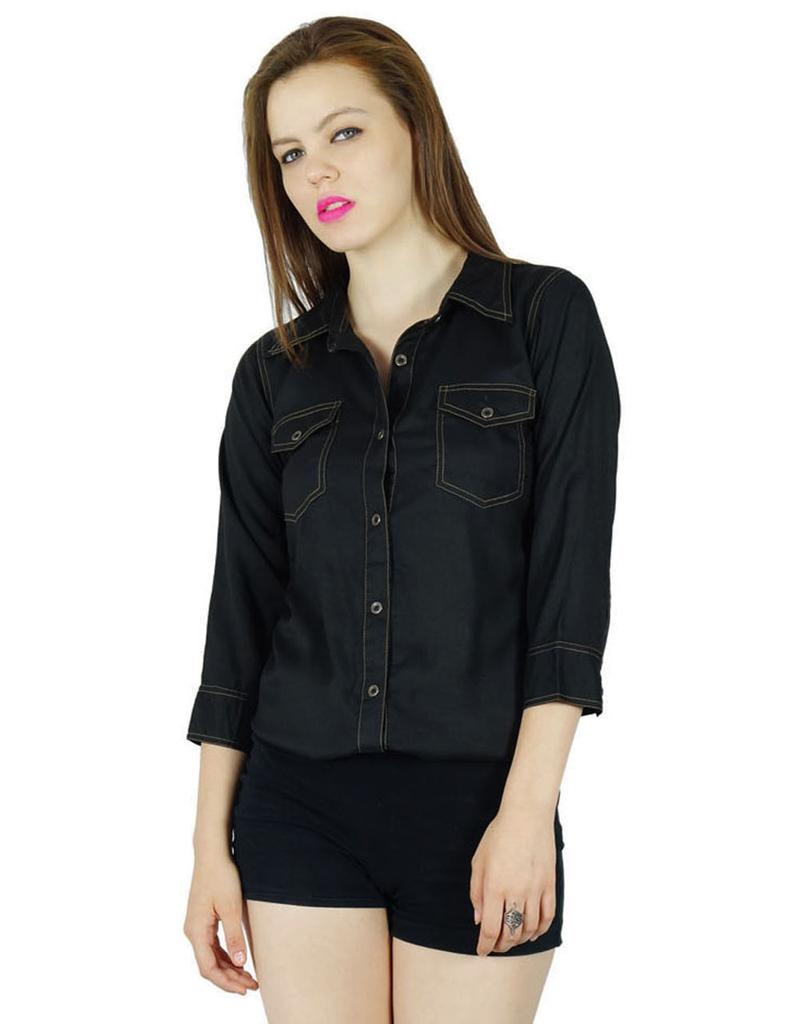 Bimba Женская черная рубашка на заказ, повседневный топ с рукавами 3-4, формальная на пуговицах