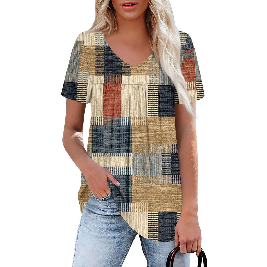 Women's Casual V-Neck Short Sleeve Chest Ruffle Printed Top