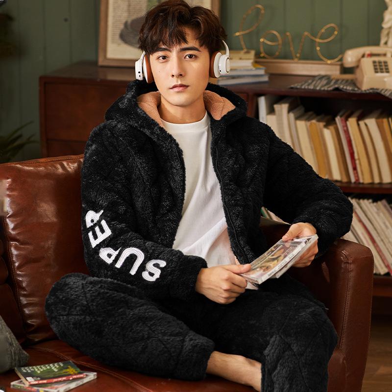 Men's Winter Hooded Quilted Pajama Set: Thick, Plush, Large Size Flannel Jacket