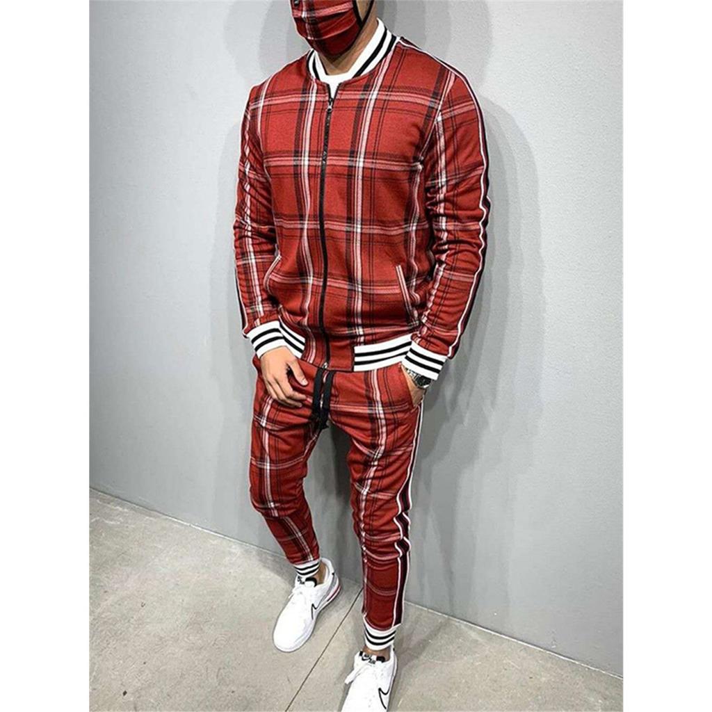 Zipper Set Colorful Plaid Men Casual Autumn Tracksuit Set Male Sweatshirt Pocket Fashion Jackets Men Tracksuit Sets Mens Set