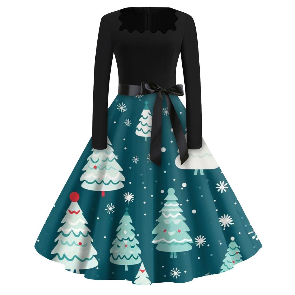 Women's Fashion Square Neck Casual Slim Christmas Printed Long Sleeve Dresses