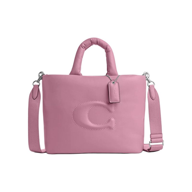 Coach Pillow Tote 34 Logo Top Zip Closure Smooth Leather Tote Bag Shopping Bag Shoulder Crossbody Handbag Large Women tote Silver Tulip CP095-SVQU