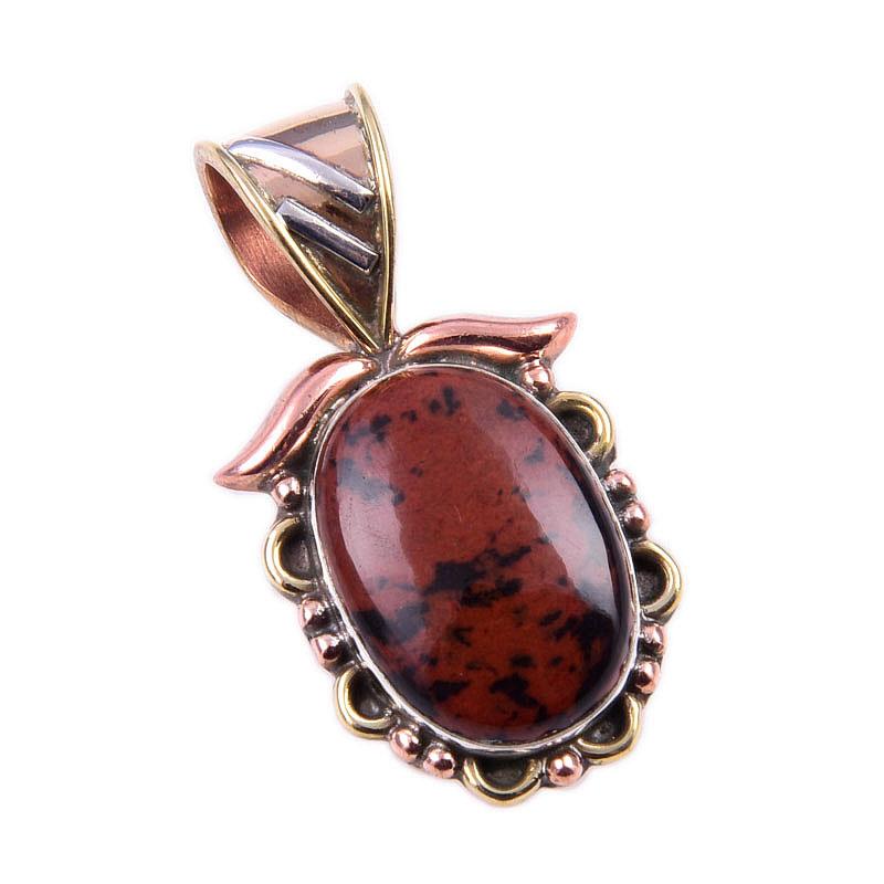 Natural Mahogany Obsidian Gemstone 925 Solid Silver Two Tone Pendant 1.25" W0C03
