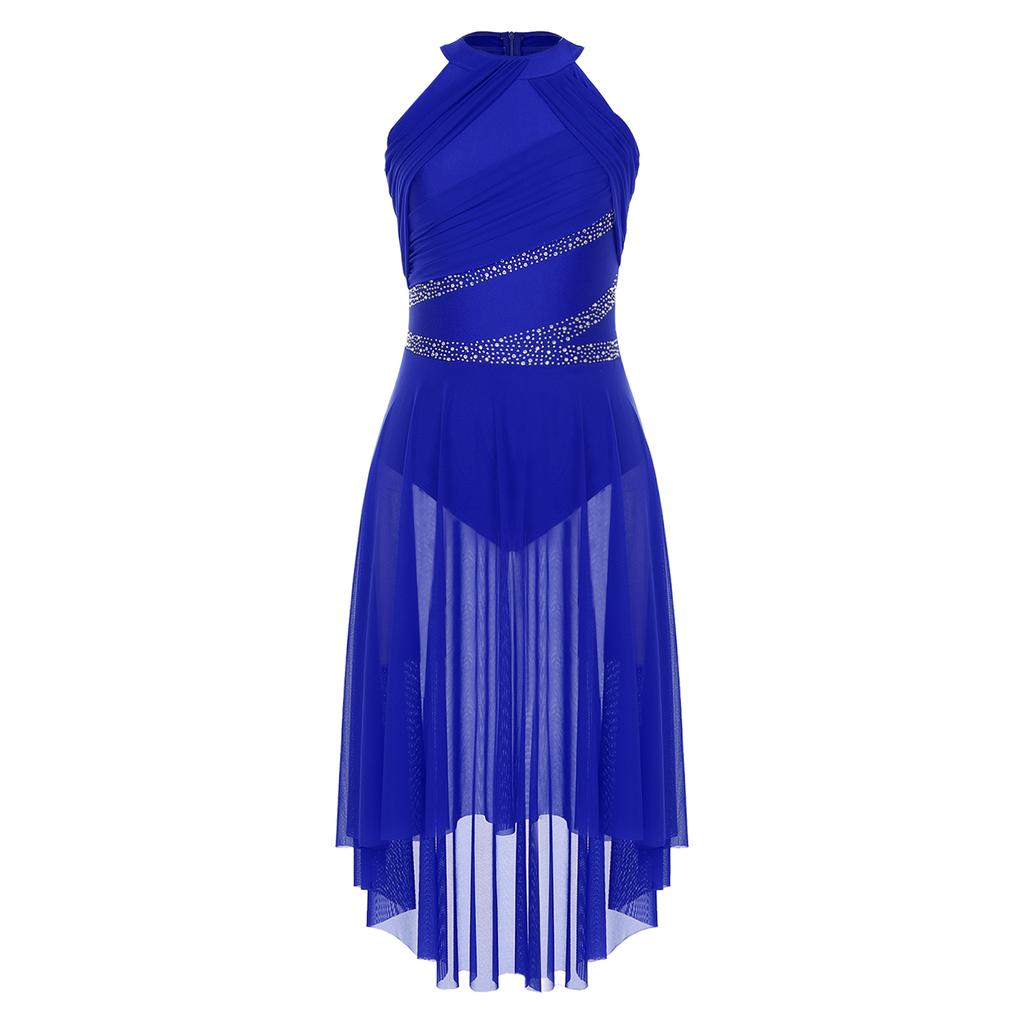 Женское лирическое танцевальное платье без рукавов с асимметричным подолом, сверкающими стразами, присборенным дизайном, платье для выступления