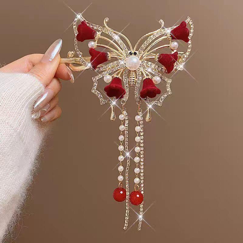 Женская красная кисточка с цветком, жемчуг, изысканная заколка-автомат для волос для женщин, рождественские заколки, зажим для волос, головной убор для невесты на Новый год