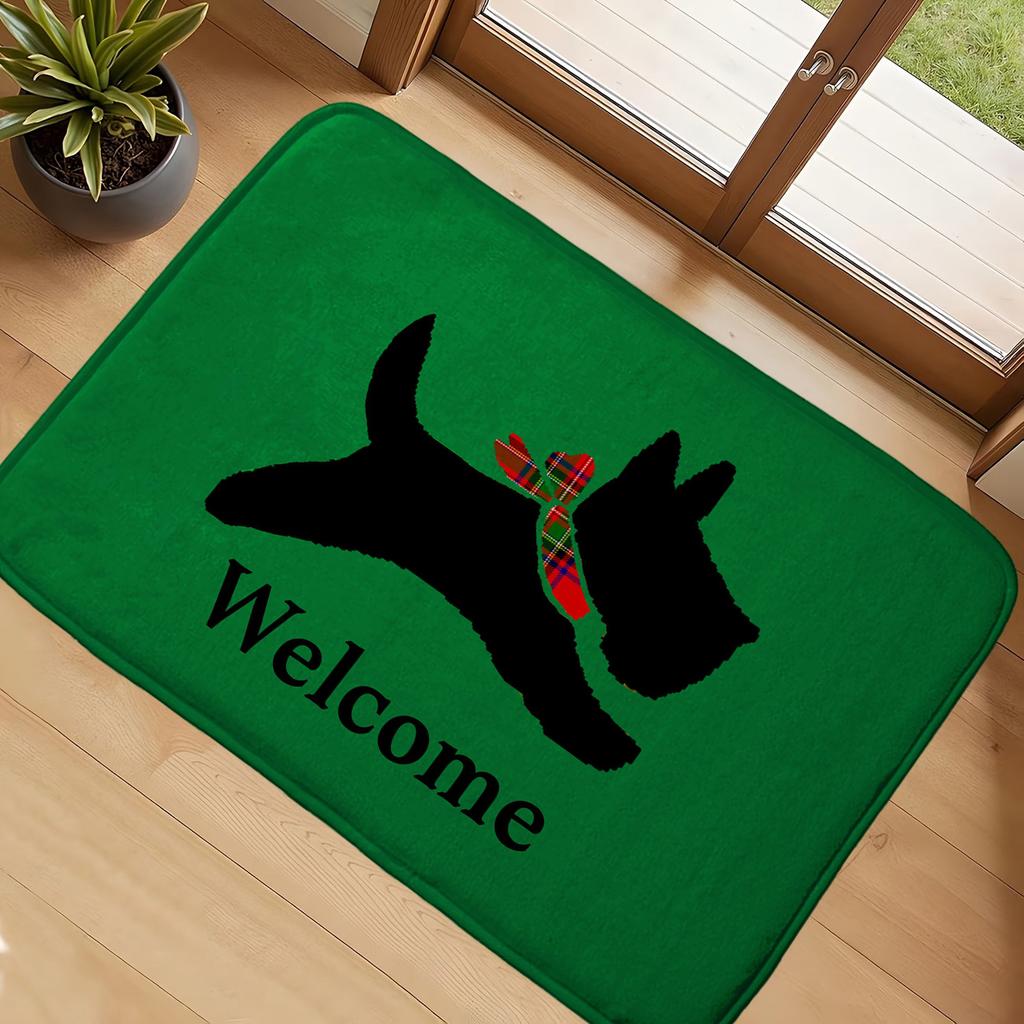 Scottish Terrier Welcome Doormat Black Scottie Dog Red Plaid Scarf Green Entrance Rug Cute Dog Welcome Floor Mat Home Decor