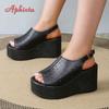 Fashion Aphixta Fashion Woman Black Sandals Side Buckle Peep Toe Women Summer Hollow Shoes Platform Sandal Lady Wedge Shoes Big Size 43