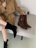 Autumn and Winter New Retro Pleated Square Head Fashion Boots Women's Sleeve Versatile Belt Buckle Thick Heel Wide Leg Cowboy Short Boots Women
