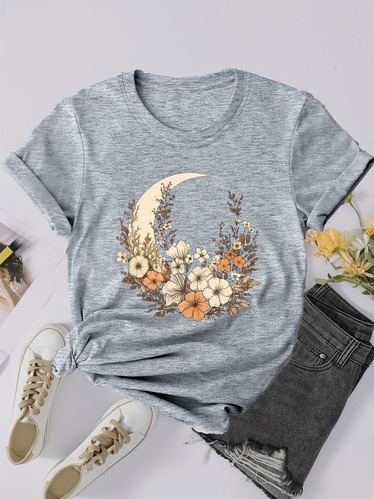 Футболка большого размера, женская, с цветочным принтом и лунным принтом, с коротким рукавом, круглым вырезом, слегка эластичный топ