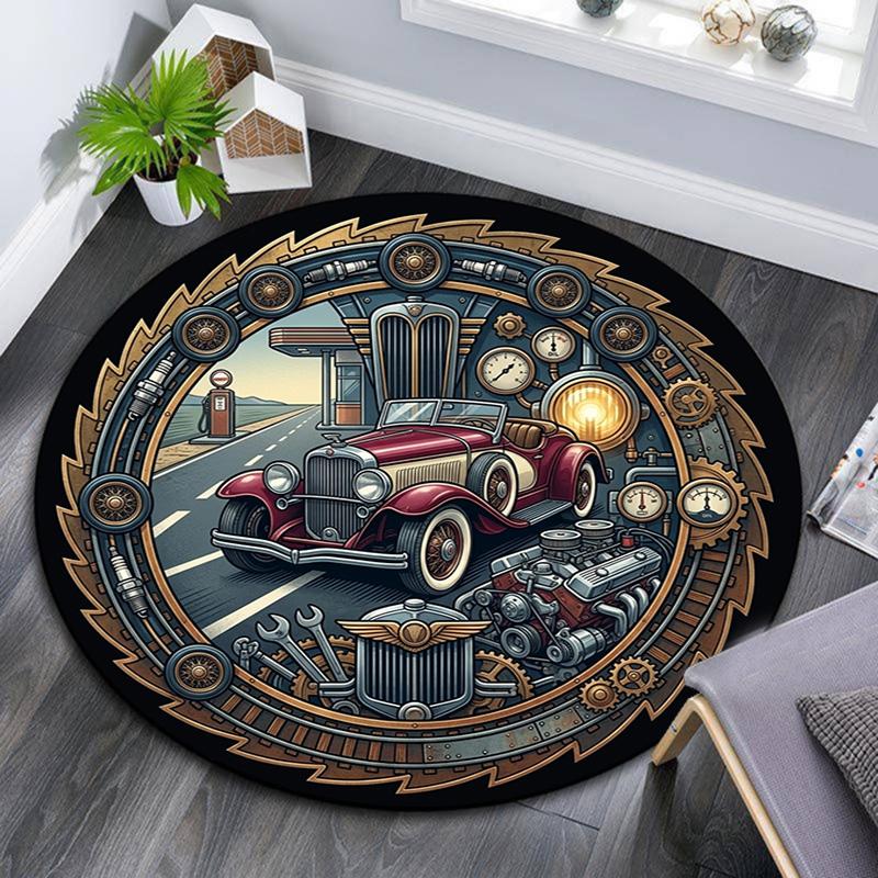 Steampunk Classic Road Trip Round Area Rug Under Office Chairs Bedroom Living Room Home Decor