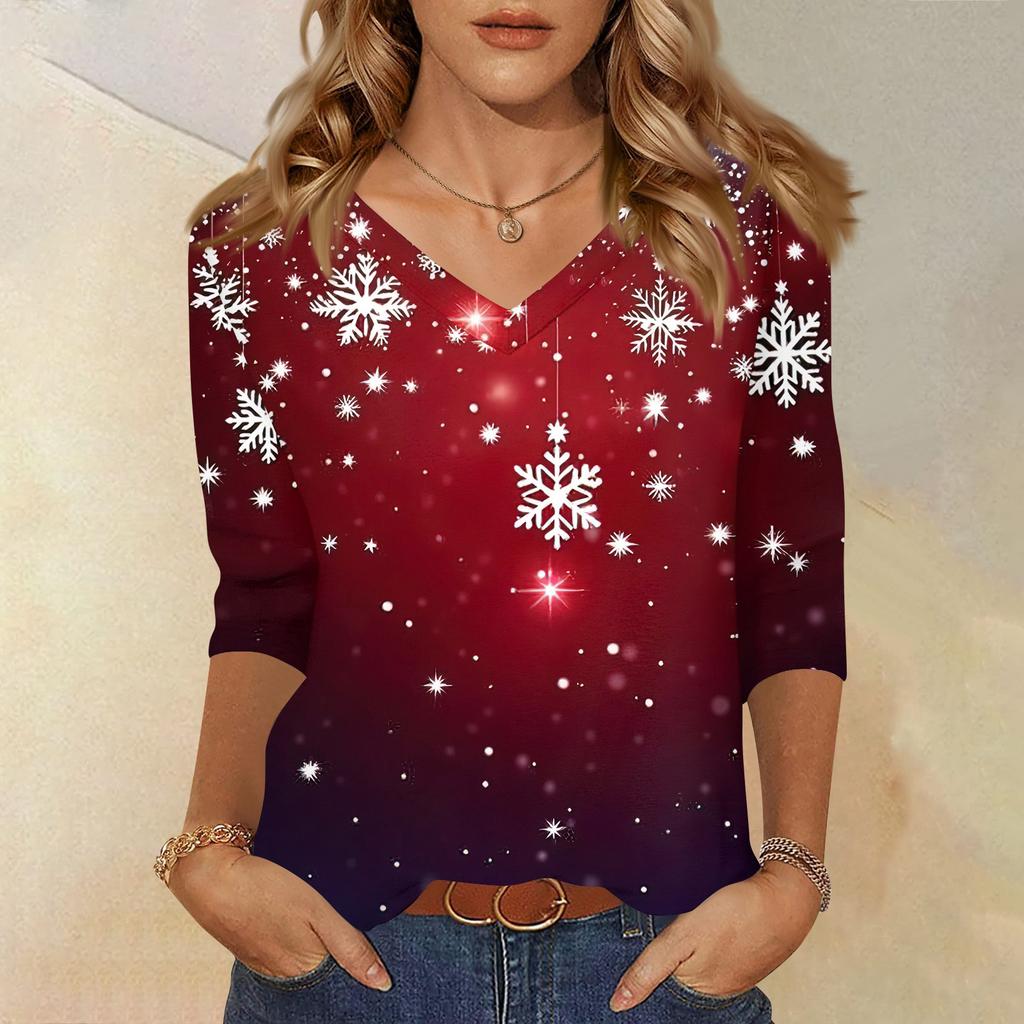 Women's T Shirt CHristmas Print 3/4 Sleeve Daily Weekend Fashion Basic V- Neck Regular Top