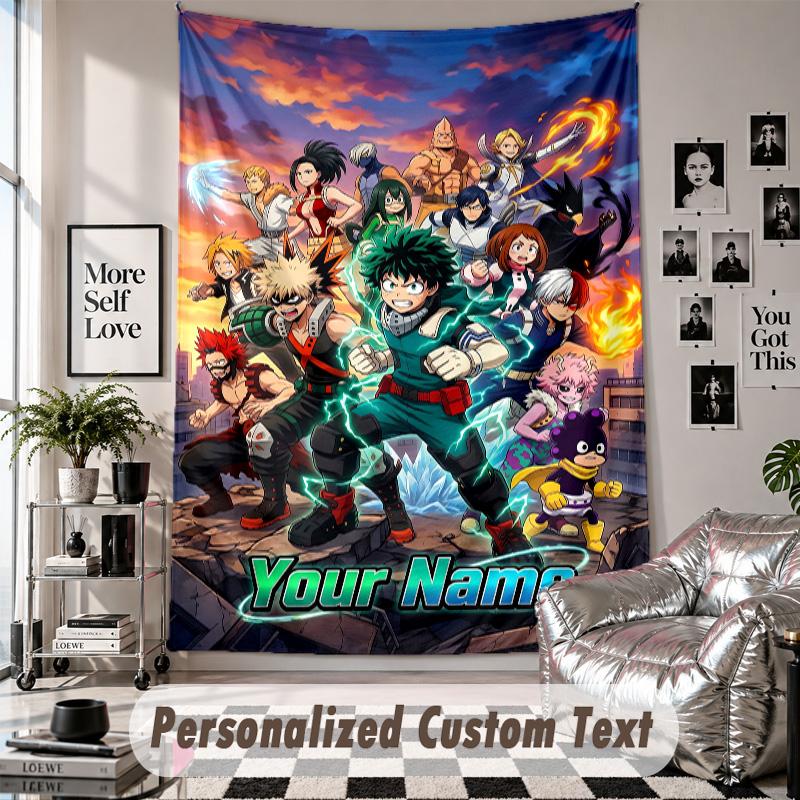 Wall Hanging Tapestry With Custom Name & Text, My Hero Academia Decorative Tapestry For Bedroom