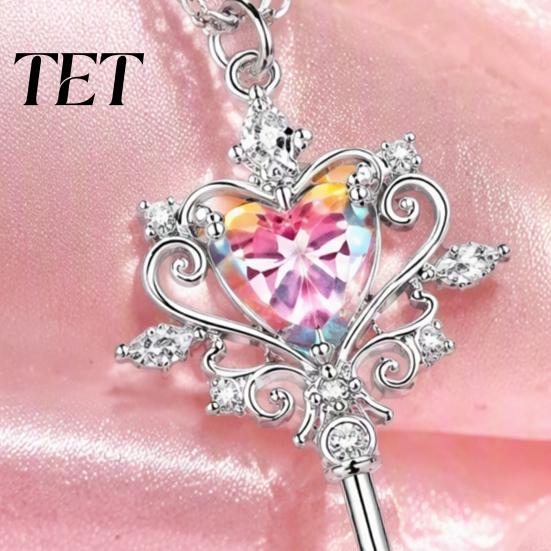 Shining Statement Jewelry for Women Magic Key Pendant Necklace, Pink Cubic Zirconia Heart Versatile Alloy Chain Rhinestone Sweet Fairy Girls Necklace