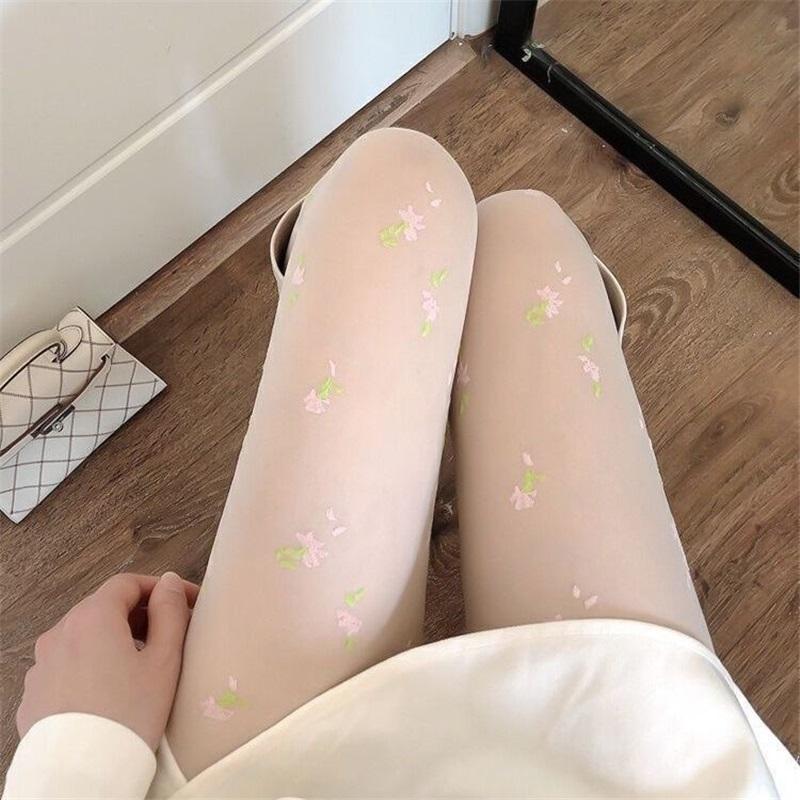 Pink pattern floral pantyhose Japanese sweet girl soft girl stockings pure desire milky white bottoming stockings long stockings