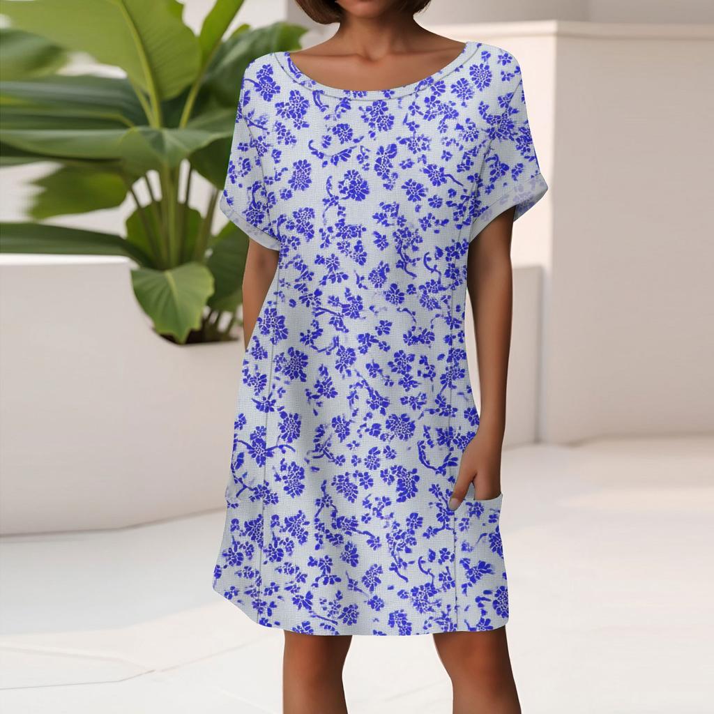 Women's Fashion Short Sleeve Dress With Pockets Floral Print Casual Beach Dress