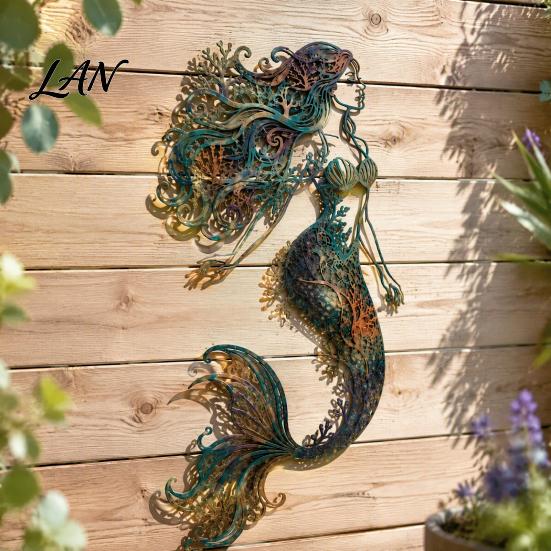 Swimming Pool Area Decorations Metal Mermaid Wall Decoration, Three-dimensional Hollow Iron Art Indoor Nautical Sculpture, Retro Ocean Style