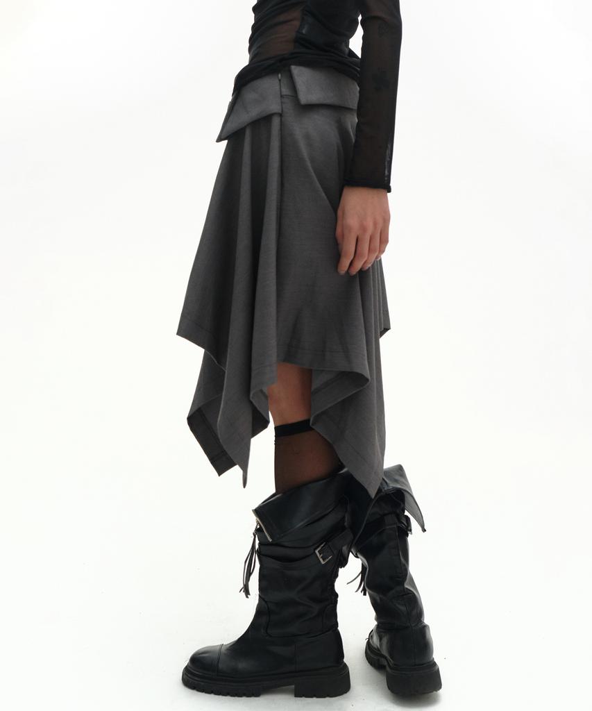 Place Studio Double Button Drape Layered Midi Asymmetrical Flare Skirt _2 Colors