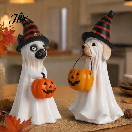Halloween Window Ornaments Ghost Dog Figurine, Wizard Hat Pumpkin Resin Statue, Cute Tabletop Decor Indoor Haunted House Supplies for Entryway