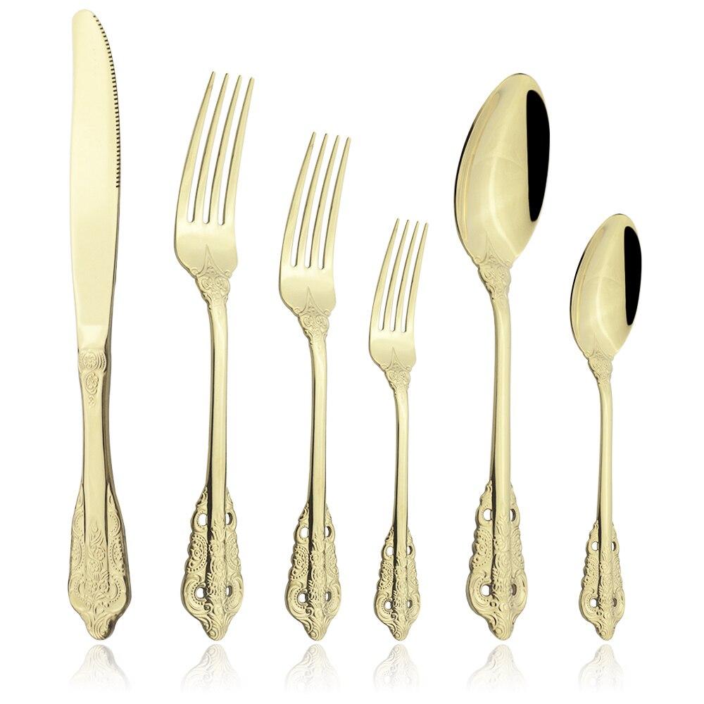 Золотой роскошный набор столовой посуды, винтажные столовые приборы в стиле вестерн, позолоченные столовые приборы из нержавеющей стали 304, набор ножей и вилок, кухонная посуда