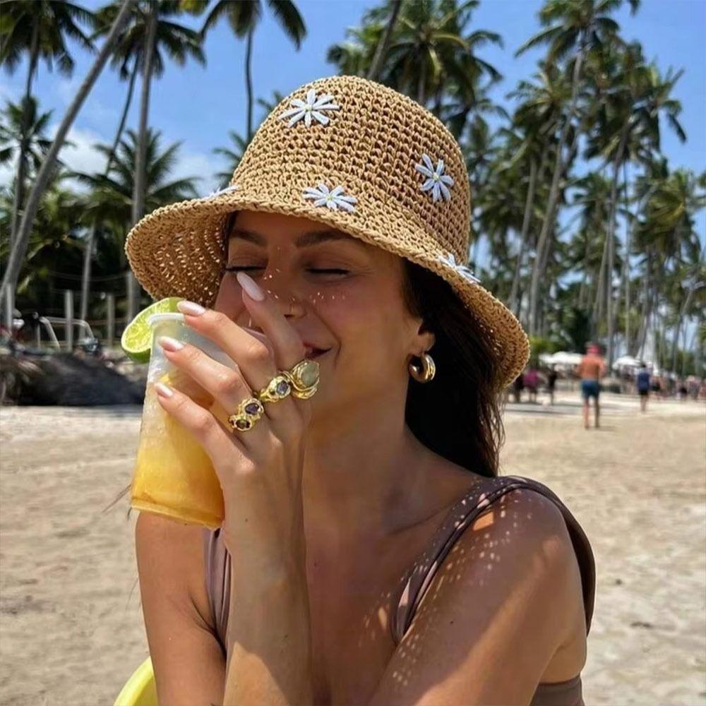 Summer Beach Sun Hat Straw Basin Hat Fashion Fisherman Cap for Women