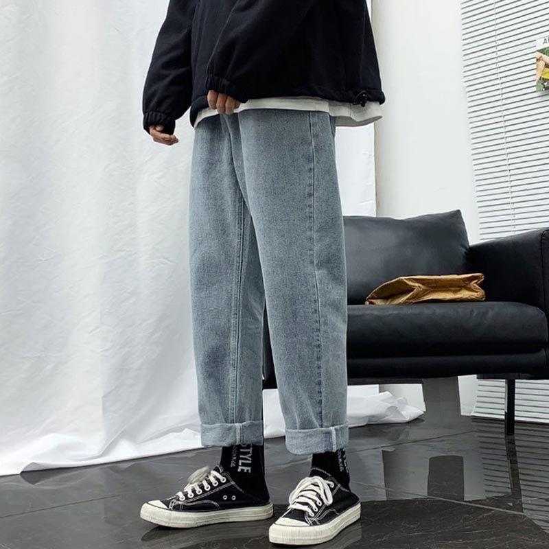 Мужские брюки Летняя весенняя одежда Прямые джинсы с девятью точками Мужские свободные узкие брюки на привязках Студенты-мужчины Трендовые универсальные широкие брюки