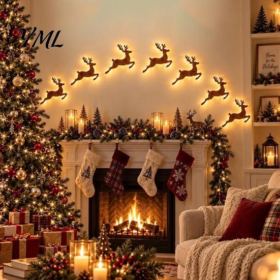 Indoor Christmas Scene Lighting 7Pcs Wooden Silhouette Lights with Warm Backlight, LED Reindeer Seasonal Backdrop for Family Photos Santa Sleigh Wall