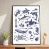 Whale and Shark Seashells Turtles Octopus Fish Marine Life Ocean Animals Poster and Print Canvas Painting  Wall Art Home Living Room