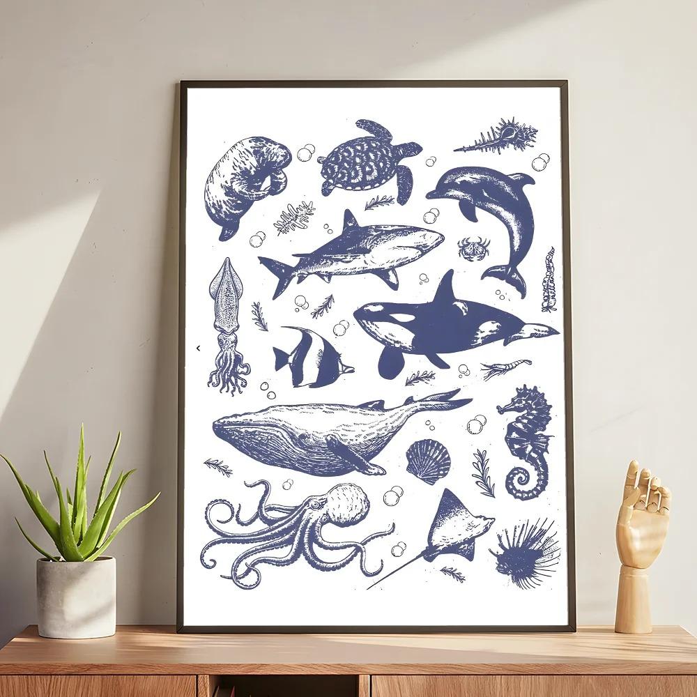 Whale and Shark Seashells Turtles Octopus Fish Marine Life Ocean Animals Poster and Print Canvas Painting Wall Art Home Living Room