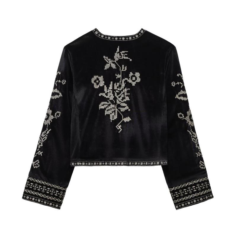 Trendy Womens Velvet Embroidered Jacket Street Style Round Neck Long Sleeve Loose Fit