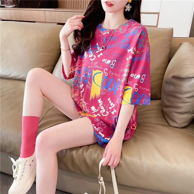 Летняя винтажная футболка с принтом Мода Женская Оверсайз Графические Длинные Футболки Y2k Топы Харадзюку хип-хоп Уличная одежда молодежная