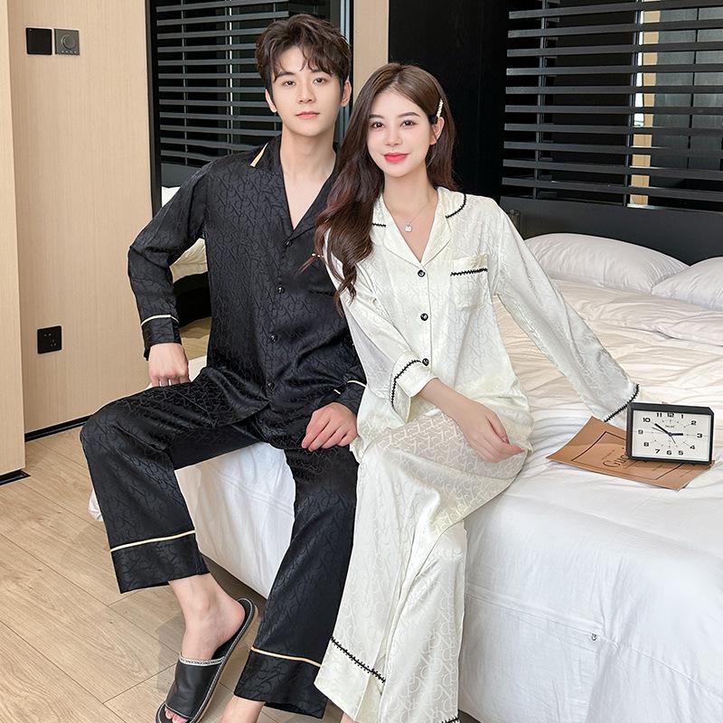 R Full Version Light Luxury Jacquard Silk Couple Pajamas - Autumn/Winter Long Sleeve French Homewear