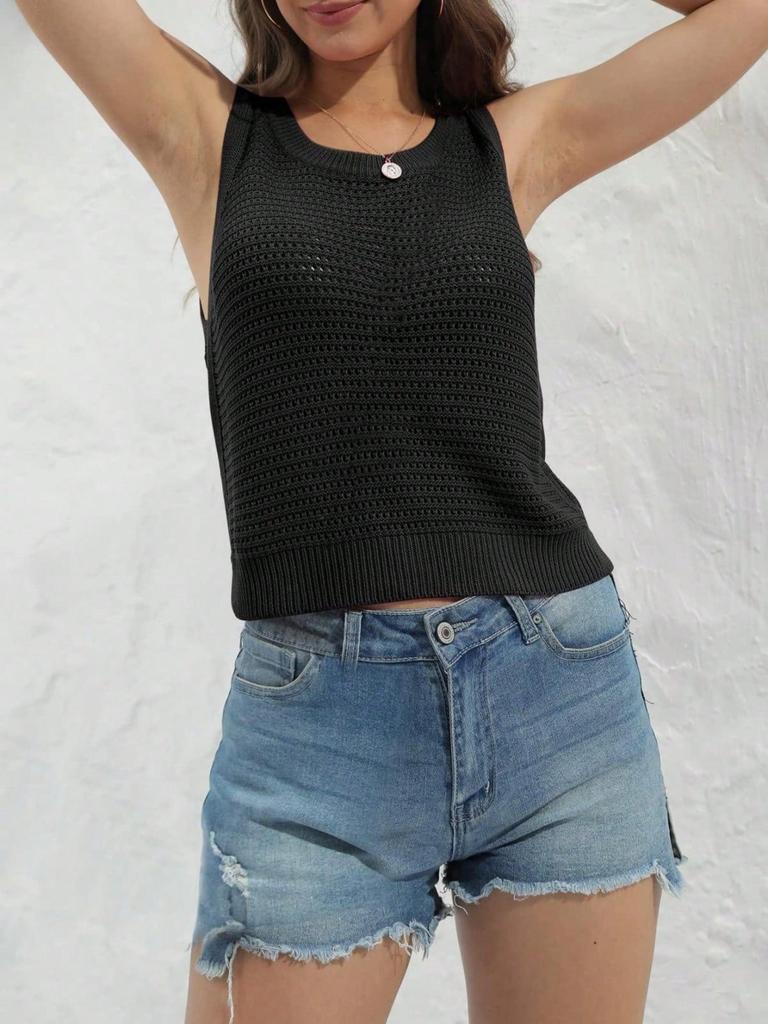 Women's Sleeveless Crochet Knit Tank Top Crew Neck Hollow Out Casual Summer Pullover