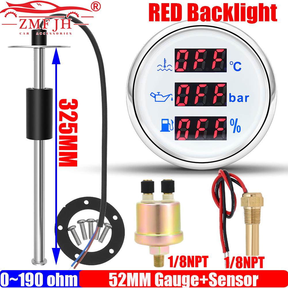 ZMFJH Multi 52MM Gauge Digital Water Temperature+Oil Pressure Meter+Fuel Level Gauge with Alarm Red Light Oil Sensor 100-550mm