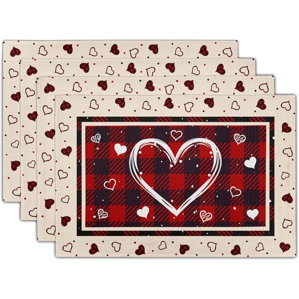 Valentine Decorative Placemats Set Of 4-12"x18" Love Heart Place Mat With Red Black Buffalo Plaids- Romantic Wedding
