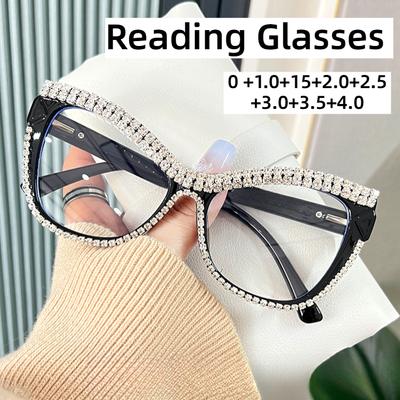 Мужские и женские очки для чтения «кошачий глаз» в ретро-оправе с большой оправой инкрустированные бриллиантами очки для пресбиопии большие очки с защитой от синего света