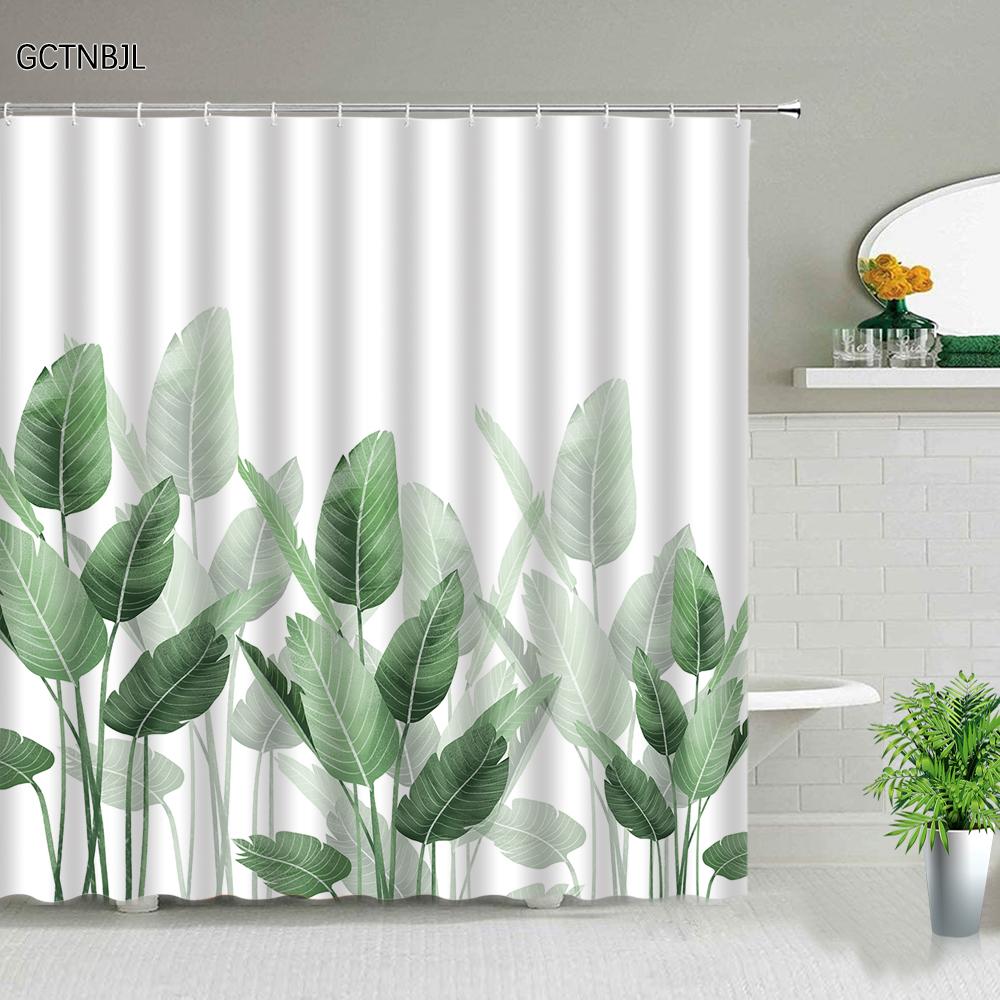 Tropical Palm Leaves Shower Curtain Set Green Plant Leaves Leaf Pumpkin Red Truck Halloween Christmas Decor Bathroom Curtains