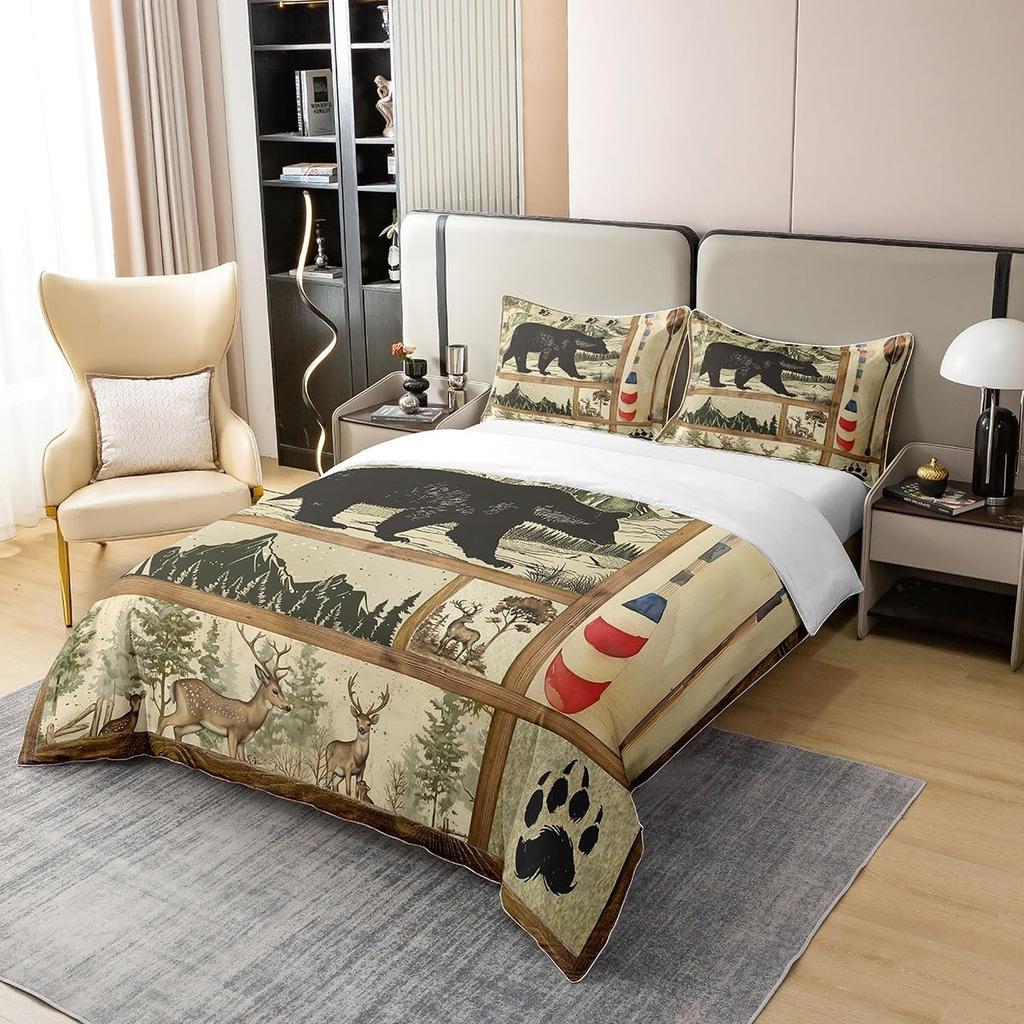 Пододеяльник Farmhouse Hunting Bear King Декор для дома у озера Одеяло Лесной Озеро Весло Постельное белье Олень Лось Дикая природа Комплект постельного белья