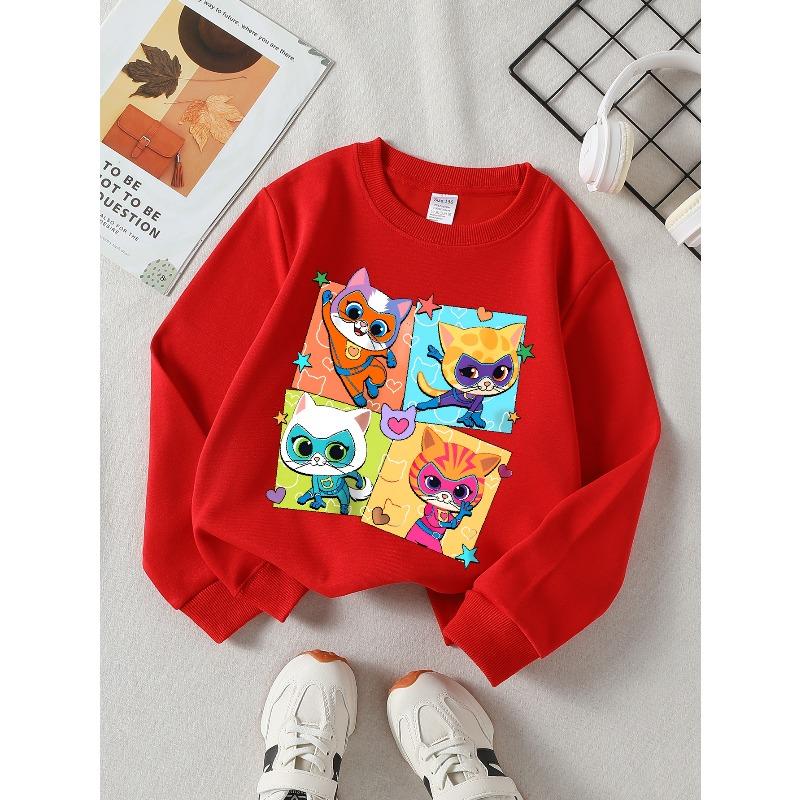 Европейские размеры Super Cat Heroes Приключение Девочки Круглый вырез Модный свитшот, Западный топ, Детская повседневная футболка с длинным рукавом