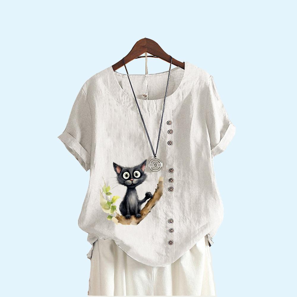 Женская свободная льняная блузка, женская модная летняя повседневная футболка с круглым воротником и принтом кота