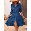 Spring Summer Ruffles Women Blue Denim Dress Elegant Button Shirt Midi Dress Female Casual Dresses Robe Femme