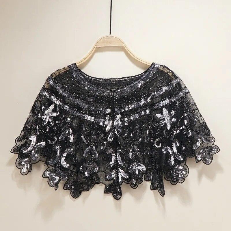 1920s Women Sequin Beaded Short Cape for Wedding Party Vintage Sequin Shawl Mesh Short Dress Prom Shawl Short Cover Up Dress