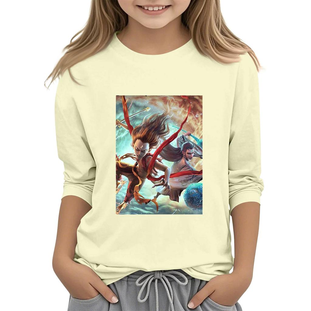 Топы с принтом для девочек 5-16 лет с круглым вырезом и рукавами 3/4 Футболки Модные топы Наряды Футболки