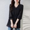 Большие размеры Весна Новые шифоновые узкие блузки женские мягкие рубашки с V-образным вырезом тонкие длинные рукава однотонные черные топы большого размера