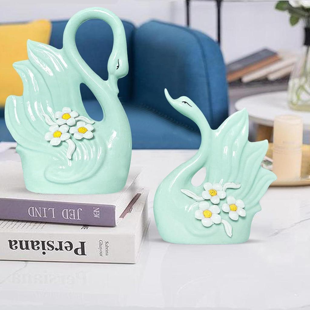 Cute Luxury Light Green Swan Pair Ceramic Art Figurine | Beautiful Home Decor (Pack of 2, Light Green)
