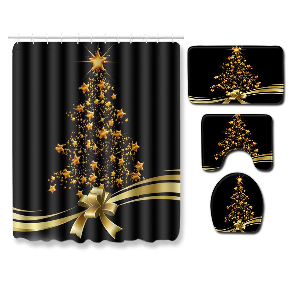 Christmas Waterproof Shower Curtain Four-Piece Combination Floor Mat Entrance Door Mat Bedroom Living Room Carpet