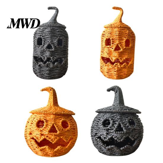 Rustic Seagrass Storage Handwoven Halloween Pumpkin Basket, Spooky Candy Basket with Lid, Vintage Wicker Holder Light Up Lantern LED Candle for Table