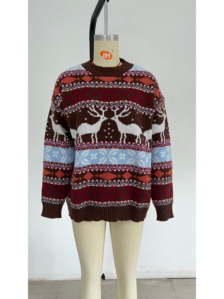 Жаккардовый свитер с европейской и американской рождественской тематикой — женский, свободный крой, круглая горловина, длинный рукав, пять цветов (2022)