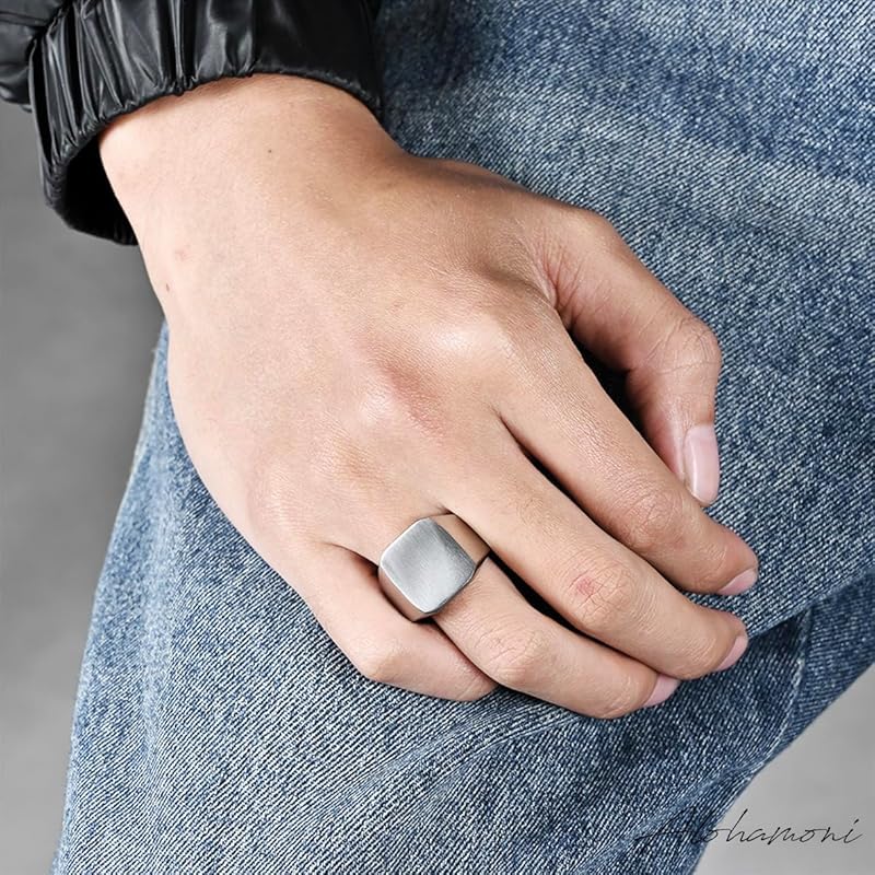 [ALOHAMONI] Seal Stand Ring Surgical Stainless Steel Matte Processing Hair Line Mat Finishing Seal Stand Stamp Ring Signet Square Ring Men's (Silver,